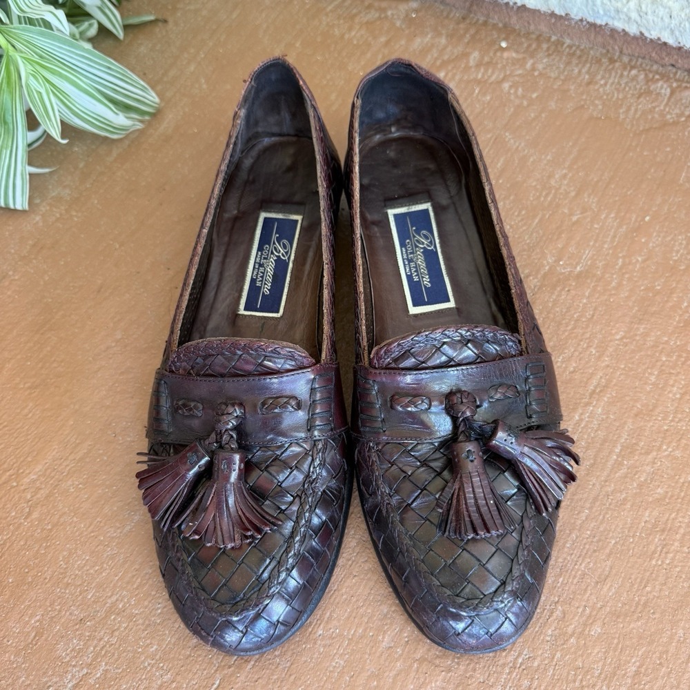 Bragano Cole Haan Men's Sz 8.5 N Brown Woven Leather Tassel Loafers Shoes Italy